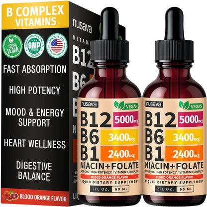 NUSAVA (2 Pack) Vitamin B12 Liquid Drops with B6, B1, Niacin & Folate — B12 Sublingual Vitamin B Complex, Methylcobalamin 5000 mcg, for Energy, Brain & Heart Support, Raspberry Flavor, 80 Servings