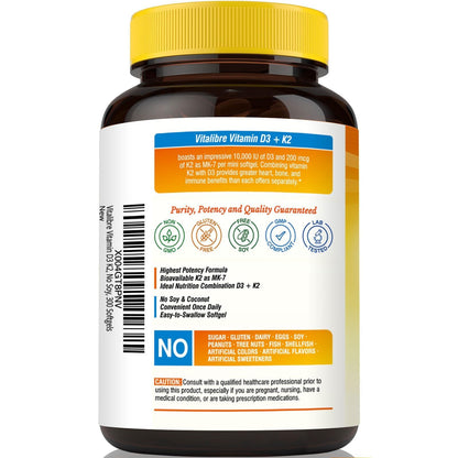 Vitalibre Vitamin D3 K2 Supplement, Vitamin D3 10000 IU & 200 mcg K2 MK7 | Enhanced Calcium Absorption, Bone, Heart, Immune & Mood Support, No Soy, Easy to Swallow, 90 Softgels