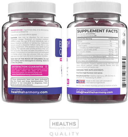 Vegan Sambucus Elderberry Gummies for Adults - Black Elderberry Vitamin C and Zinc Gummies for Daily and Seasonal Wellness - Delicious and Nutritious Immune Support Gummy (1 Month Supply)