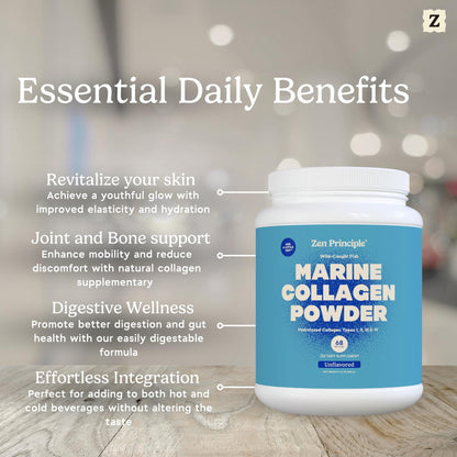 Zen Principle Marine Collagen Peptides Powder 3 lb. Wild-Caught Fish, Non-GMO. Supports Healthy Skin, Hair, Joints and Bones. Hydrolyzed Types I, II, III & IV Protein. Amino Acids. Easy to Mix.