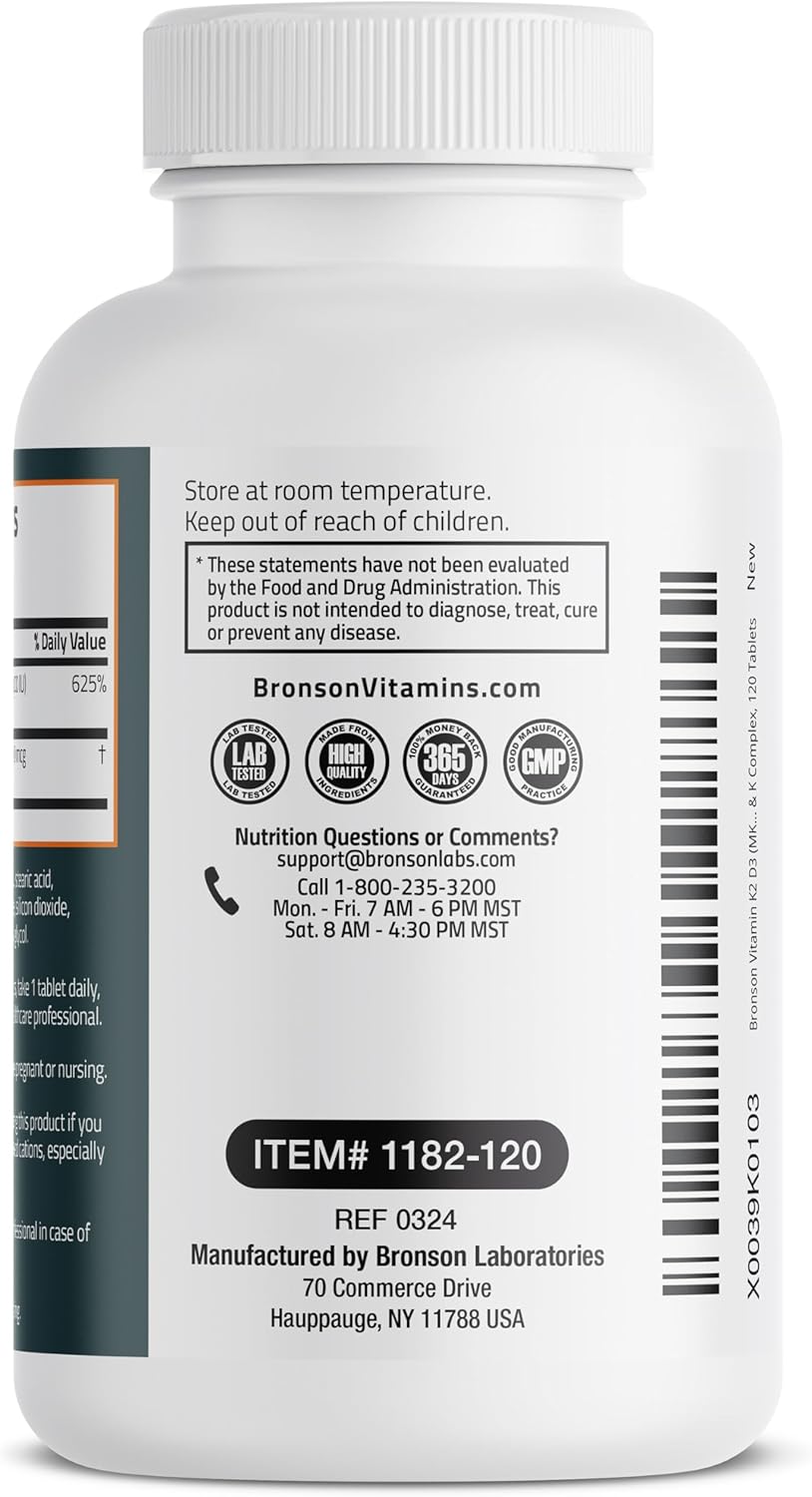 Bronson Vitamin K2 D3 (MK7) Supplement 2-in-1 D3 & K2 Complex, 120 Tablets | Bone, Immune & Heart Health Support, Gluten-Free, Soy-Free, Non-GMO, Vitamin D3 5000 IU (125 mcg) & 90 mcg K2 MK-7