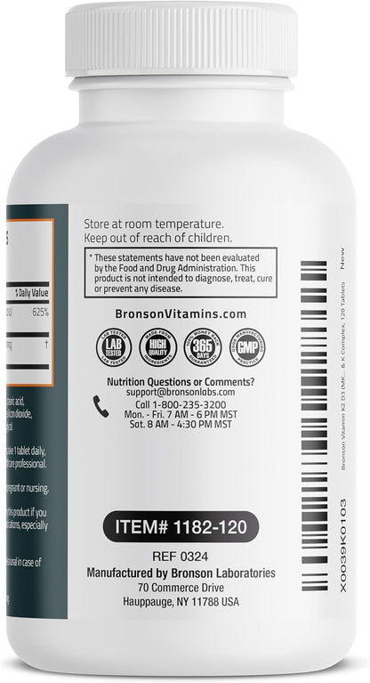 Bronson Vitamin K2 D3 (MK7) Supplement 2-in-1 D3 & K2 Complex, 120 Tablets | Bone, Immune & Heart Health Support, Gluten-Free, Soy-Free, Non-GMO, Vitamin D3 5000 IU (125 mcg) & 90 mcg K2 MK-7