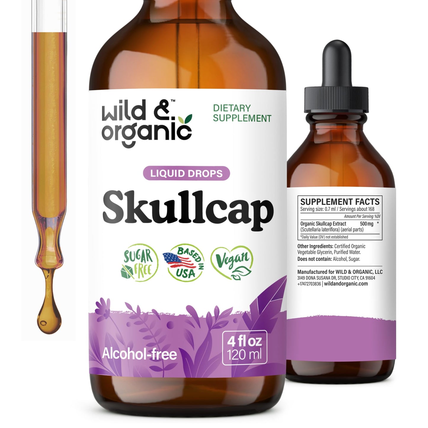 Wild & Organic Skullcap Herb Tincture - Skullcap Supplement for Mood Support - Relaxing Liquid Extract Drops - Vegan, Sugar & Alcohol-Free - 4 fl oz