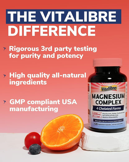 Vitalibre Magnesium Complex Supplement, 4 in 1 Maximized Absorption Chelated Magnesium Glycinate Malate, Taurate & Citrate, Non-Buffered, Bone, Heart, Nerve & Immune Support, 120 Vegan Capsules