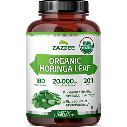 Zazzee USDA Organic Moringa Leaf 20:1 Extract, 180 Vegan Capsules, 3 Month Supply, Certified Kosher, Moringa Oleifera, Antioxidant, Immune & Cellular Support, Superfood Supplement, Made in the USA