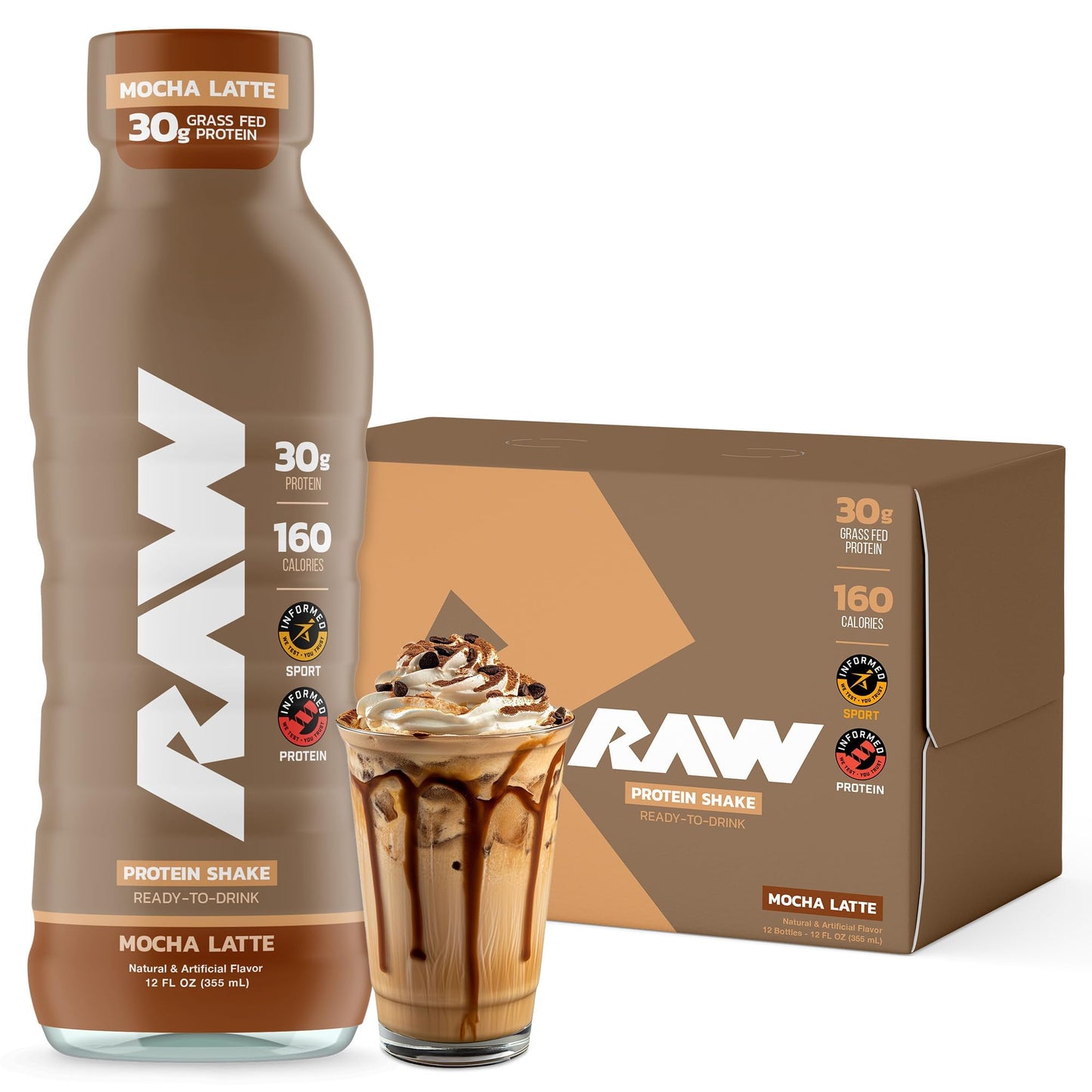RAW Ready-to-Drink Protein Shake, Strawberry - RTD Protein Drinks with Grass-Fed Whey Protein Isolate for Post-Workout - Zero-Sugar & Gluten-Free Meal Replacement Drink & Breakfast Shake, 12 Fl Oz