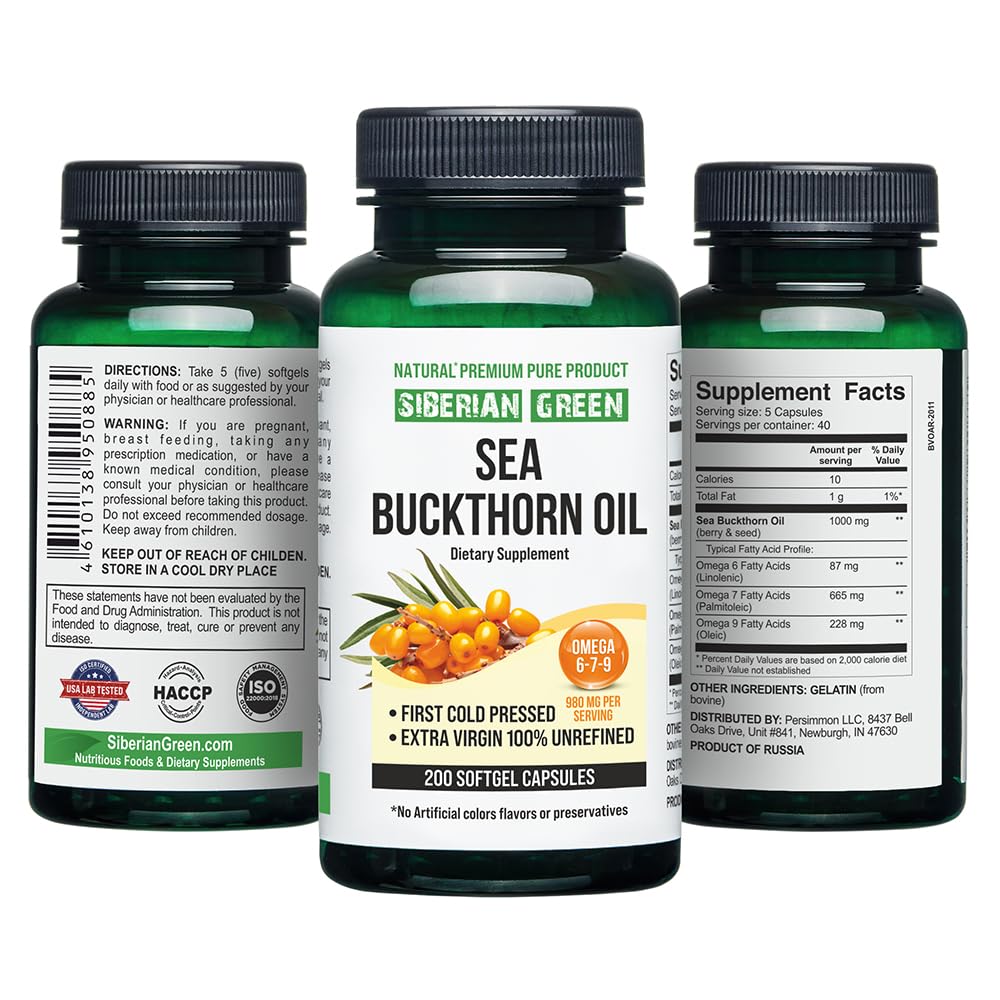 Siberian Sea Buckthorn Oil Capsules 200 Softgels | from Wild-harvested Siberian Sea