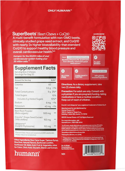 HumanN SuperBeets 3-in-1 Heart Chews - 3X Absorption CoQ10 - Plus Beetroot & Grape Seed Extract, Blood Pressure Support, Support Healthy Blood Flow, Circulation, 60 Count