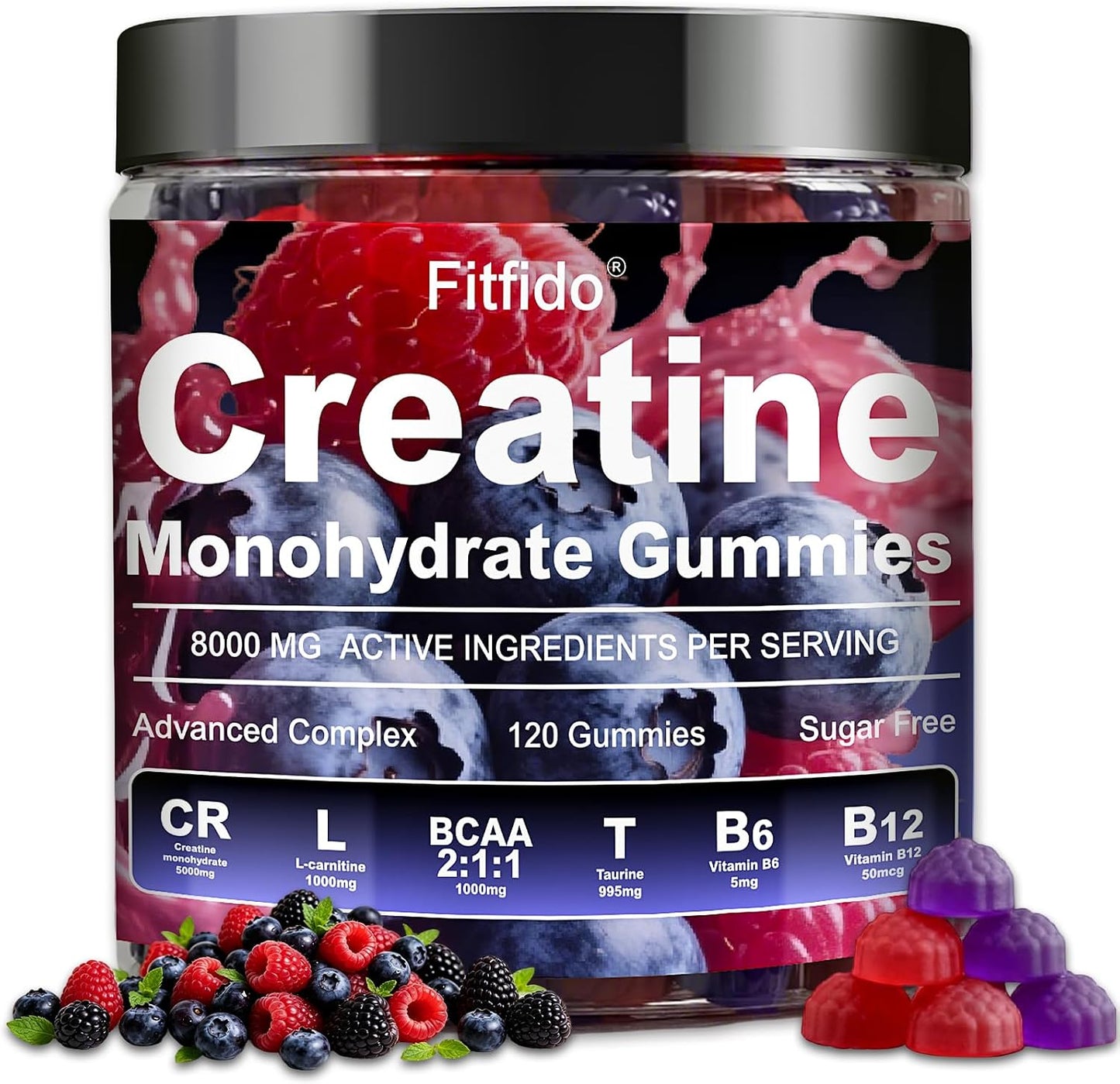 Creatine Monohydrate Gummies 5000mg with L-Carnitine, 120 Count | Containing Taurine for Women & Men, Build Muscle, Boost Energy, Faster Recovery, Sugar Free, Vegan, Raspberry & Blackberry