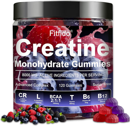 Creatine Monohydrate Gummies 5000mg with L-Carnitine, 120 Count | Containing Taurine for Women & Men, Build Muscle, Boost Energy, Faster Recovery, Sugar Free, Vegan, Raspberry & Blackberry
