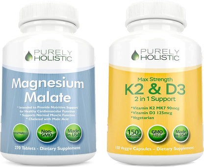 Purely Holistic Magnesium Malate 400mg + Vitamin D3 125mcg K2 MK7 90mcg - 270 Tablets & 150 Capsules - Vegetarian Bundle - Made in USA