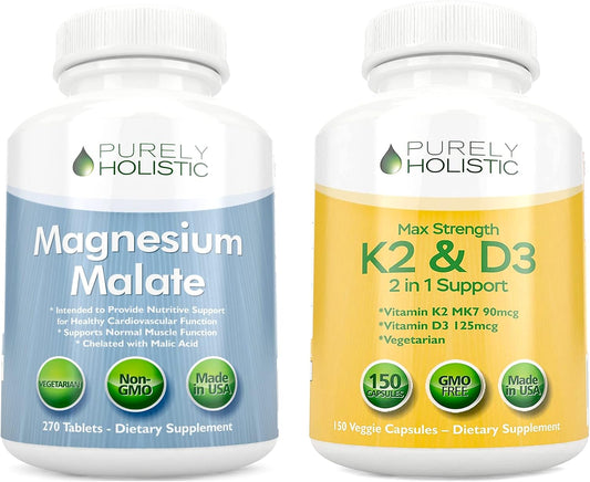 Purely Holistic Magnesium Malate 400mg + Vitamin D3 125mcg K2 MK7 90mcg - 270 Tablets & 150 Capsules - Vegetarian Bundle - Made in USA