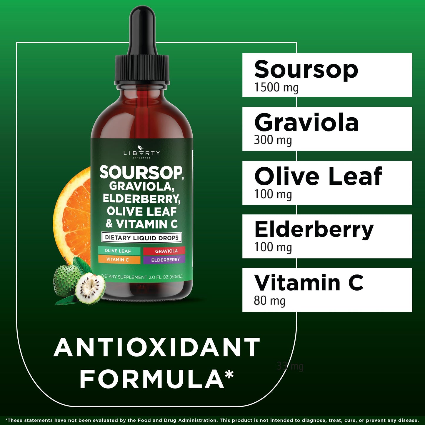 Liberty Lifestyle Soursop Liquid with Soursop Fruit and Leaves, Elderberry, Vitamin C and Olive Leaf - Multimineral & Vitamins Superfood - 4 oz