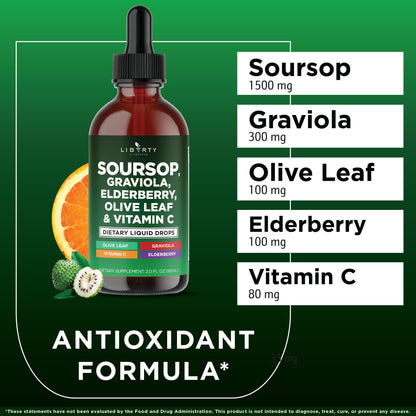 Liberty Lifestyle Soursop Liquid with Soursop Fruit and Leaves, Elderberry, Vitamin C and Olive Leaf - Multimineral & Vitamins Superfood - 4 oz