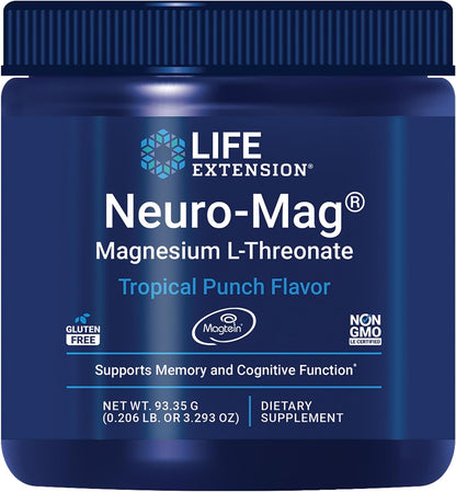 Life Extension Neuro-Mag Magnesium L-Threonate Powder (Tropical Punch) - Ultra-Absorbable Magnesium - Supports Memory, Focus, Cognitive Function & Mood - Gluten free, Non-GMO, Vegetarian (30 Servings) | Tropical Punch Powder Mix for Memory, Recall Speed &