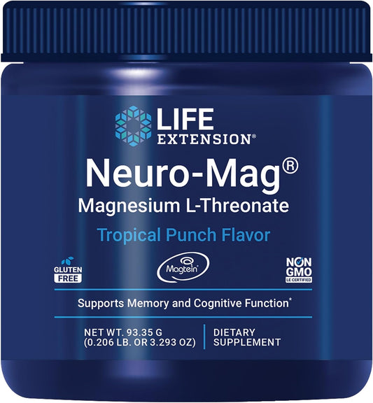 Life Extension Neuro-Mag Magnesium L-Threonate Powder (Tropical Punch) - Ultra-Absorbable Magnesium - Supports Memory, Focus, Cognitive Function & Mood - Gluten free, Non-GMO, Vegetarian (30 Servings) | Tropical Punch Powder Mix for Memory, Recall Speed &