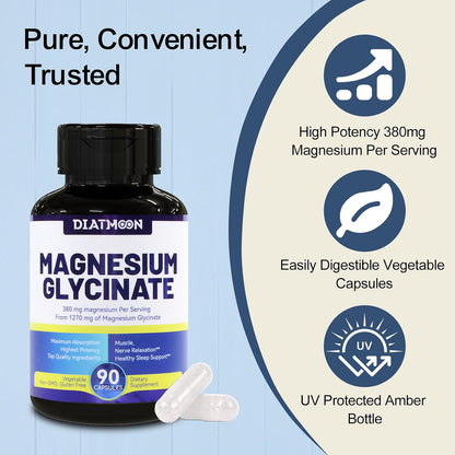 Magnesium Glycinate Capsules 380mg Organic Chelated Vegan 90 Counts GMP | Gentle & Efficient Absorption, Support Sleep Muscle Bone Heart Health, Stress Relief, Filler Free, Non GMO, Gluten Free