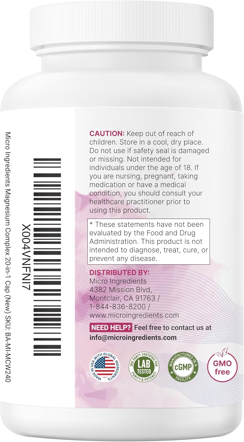 Magnesium Complex for Women | Glycinate, Citrate & More – 20-in-1 Formula with D3, K2 (MK-7), B6 (as P5P) & Ashwagandha | 240 Vegetarian Capsules, Filler Free, Non-GMO