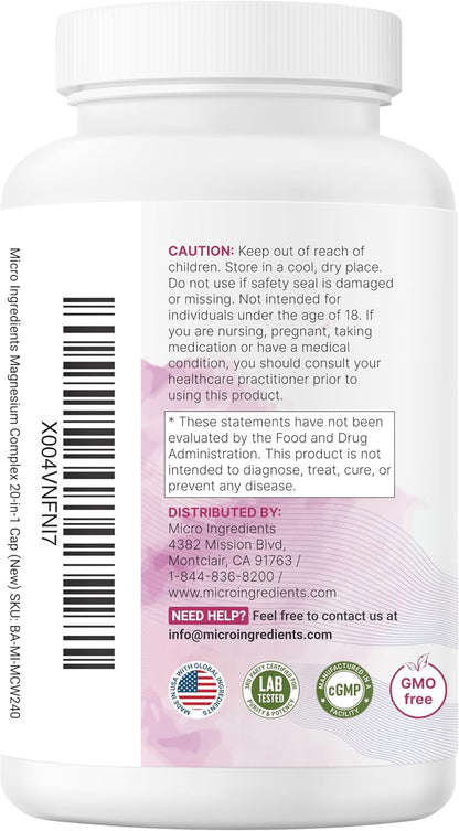 Magnesium Complex for Women | Glycinate, Citrate & More – 20-in-1 Formula with D3, K2 (MK-7), B6 (as P5P) & Ashwagandha | 240 Vegetarian Capsules, Filler Free, Non-GMO