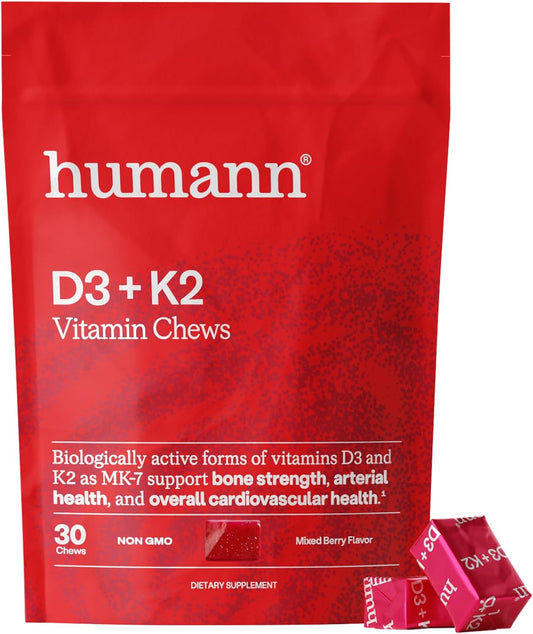HumanN Vitamin D3 + K2 Chews - High Potency Vitamin D 5000iu (125mcg) Helps Support Healthy Mood, Immunity, Cardiovascular, Respiratory Health & Bone Health, Mixed Berry Flavor, 30 Count