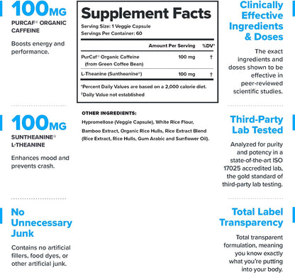LEGION Peak Caffeine and L Theanine Pills - 200 mg Natural and Organic L Theanine Caffeine Supplement for Smooth Energy, Focus and Cognitive Performance - Vegan, Non GMO - 60 Servings