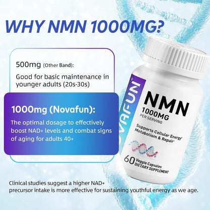NMN 1000mg Supplement - 99.9% Purity Beta-Nicotinamide Mononucleotide for Men & Women - NAD+ Boost, Healthy Aging & Cellular Energy - 60 Veggie Capsules