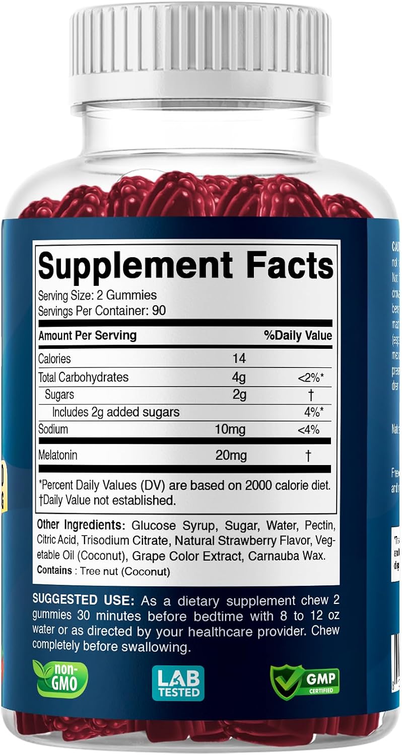 Vitabod Melatonin 20mg Gummies - 180 Count - Drug Free - Natural Strawberry Flavor - Vegetarian, Non-GMO, Gluten Free (1 Bottles)