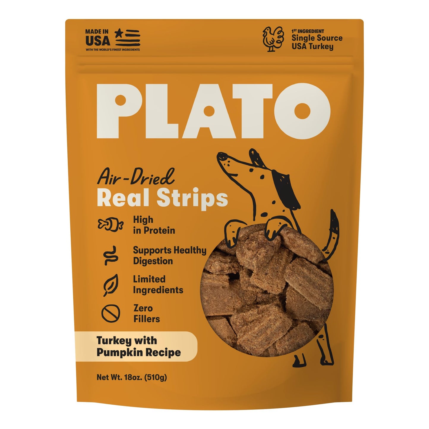Plato Real Strips Turkey & Pumpkin Recipe Dog Treats, Air-Dried High-Protein Grain-Free Soft Strips with Real Pumpkin, 18 oz