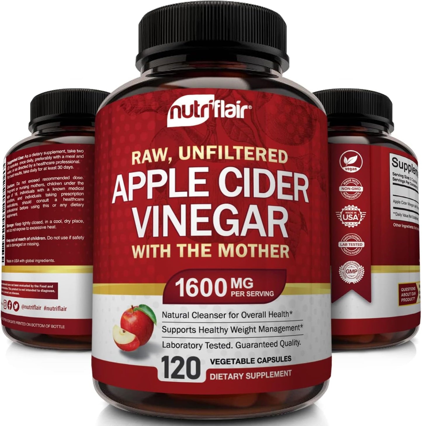 Apple Cider Vinegar Capsules with The Mother - 120 Vegan ACV Pills - Best Supplement for Healthy Weight Loss, Diet, Keto, Digestion, Detox, Immune - Powerful Cleanser & Appetite Suppressant Non-GMO