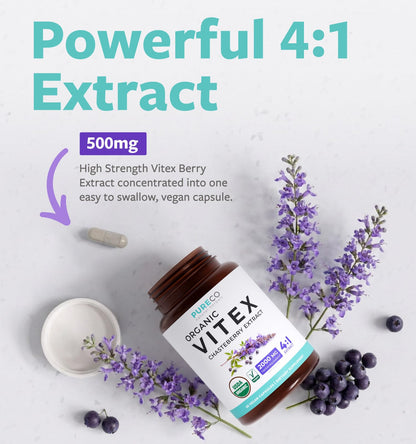 Organic Vitex Chasteberry Supplement for Women - High Strength Chaste Tree Berry Extract Supports Hormone Balance for Women from PMS to Menopause - Filler Free Vegan & Non-GMO (2 Month Supply)