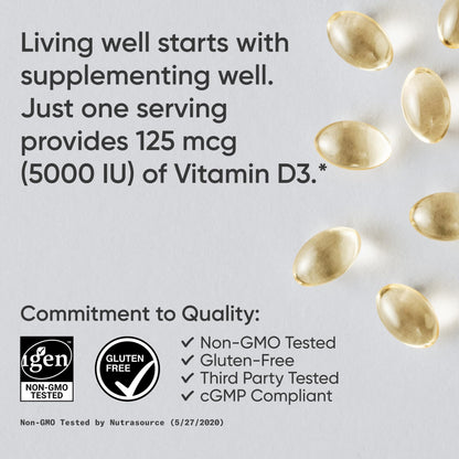Sports Research Vitamin D3 5000 IU with Coconut MCT Oil - High Potency Vitamin D Supplement for Immune & Bone Support - Non-GMO Verified, Gluten & Soy Free – 125mcg, 360 Liquid Softgels