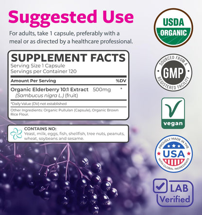 PURE CO Organic Elderberry 10:1 Extract 500mg Per 1 Capsule Serving - Vegan Black Elderberry Supplement for Immune Support, Allergy, Sinus Relief - Sambucus Nigra - 30 Caps