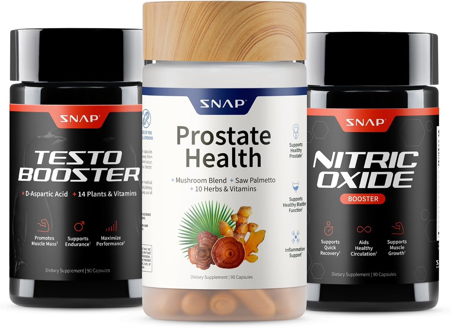 Snap Supplements Big Boy Bundle, Daily Men's Health Support, 90 Caps. Each | Includes Prostate Health with Saw Palmetto for Men, Testo Booster for Men & Nitric Oxide Booster, Vegan, Non-GMO, Gluten-Free