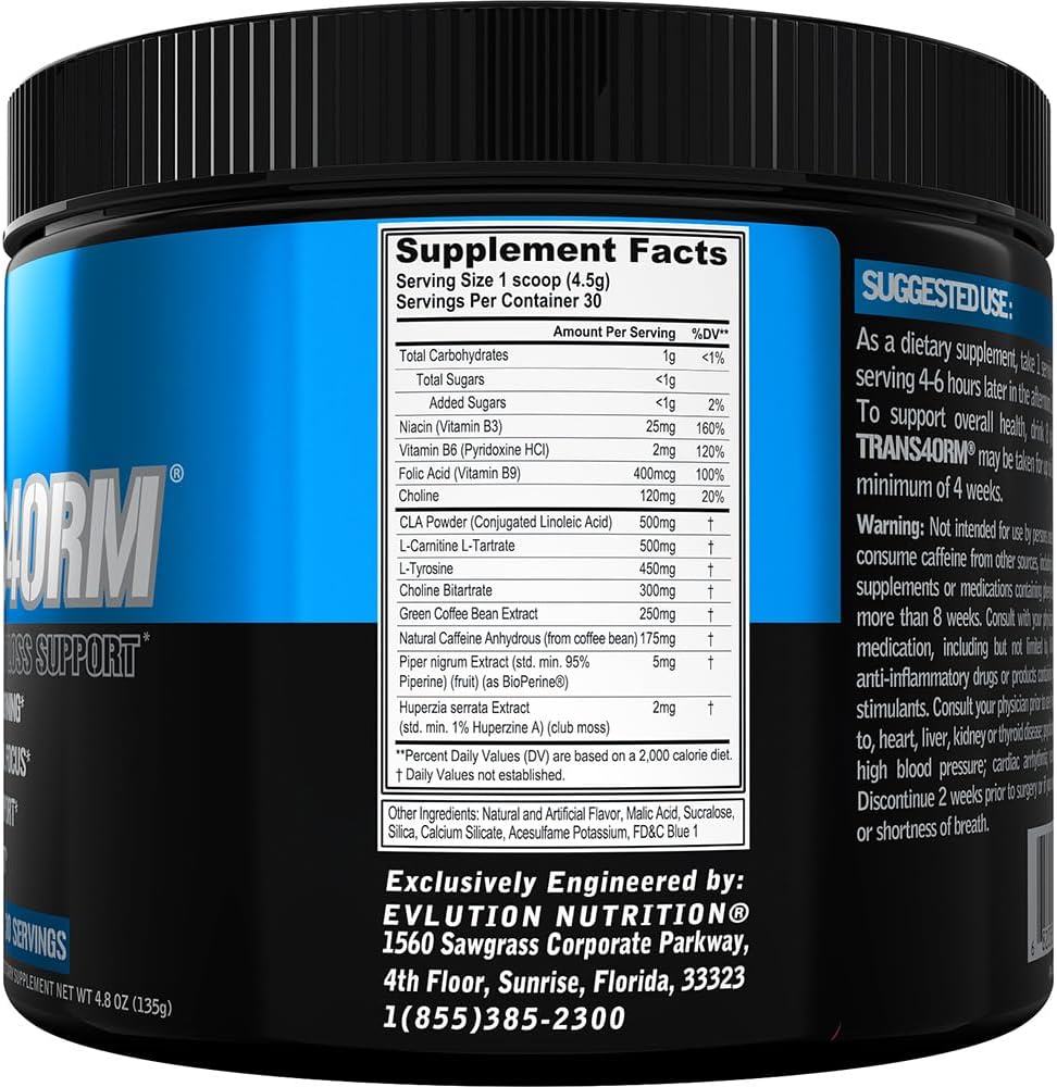 Evlution Thermogenic Fat Burning Support Powder Nutrition Trans4orm Fast Acting Energy Powder to Support Fast Metabolism Weight Loss and Mental Focus with CLA Carnitine and Alpha GPC - Blue Raz