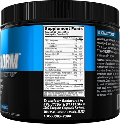 Evlution Thermogenic Fat Burning Support Powder Nutrition Trans4orm Fast Acting Energy Powder to Support Fast Metabolism Weight Loss and Mental Focus with CLA Carnitine and Alpha GPC - Blue Raz