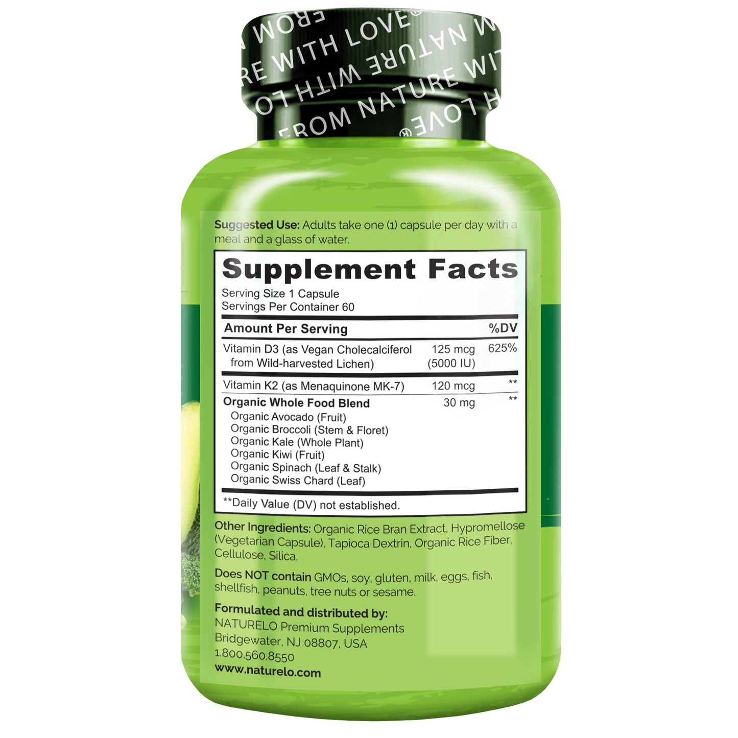 NATURELO Vitamin D3 K2 - Vegan with Plant Based D3 from Lichen - Natural Supplement for Immune System, Bone Support, Heart Health - Whole Food - Non-GMO - Gluten Free, 60 Capsules
