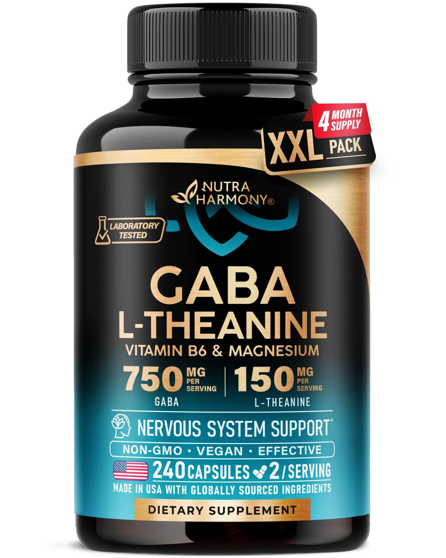 GABA L-Theanine 900 mg - Magnesium | Vitamin B6 - Calm, Sleep, Relaxation & Mood Support - Lab Tested - 750 mg Gamma AminoButyric Acid, 150 mg L-Theanine - Non-Habit Forming, Vegan - 120 Capsules
