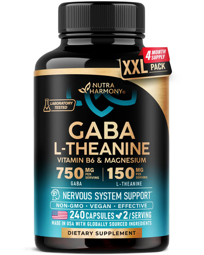 GABA L-Theanine 900 mg - Magnesium | Vitamin B6 - Calm, Sleep, Relaxation & Mood Support - Lab Tested - 750 mg Gamma AminoButyric Acid, 150 mg L-Theanine - Non-Habit Forming, Vegan - 120 Capsules