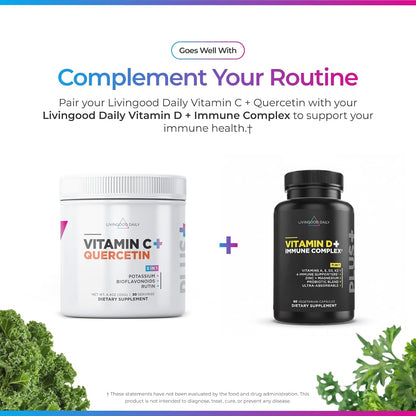 Livingood Daily High Dose Vitamin C Powder Supplement, 2,600 MG Ascorbic Acid Powder Supports Immunity & Skin Health, Powdered Vitamin C with Quercetin, Sweetened with Stevia, Vegan, 30 Servings
