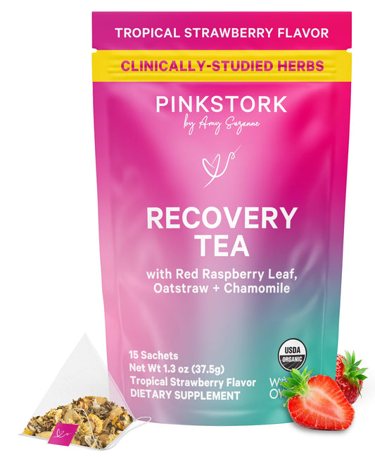 Pink Stork Postpartum Recovery® Herbal Tea, Organic Red Raspberry Leaf with Chamomile, Hormone Balance for Women After Labor & Delivery, Strawberry, Postpartum Essentials, Caffeine-Free, 15 Sachets