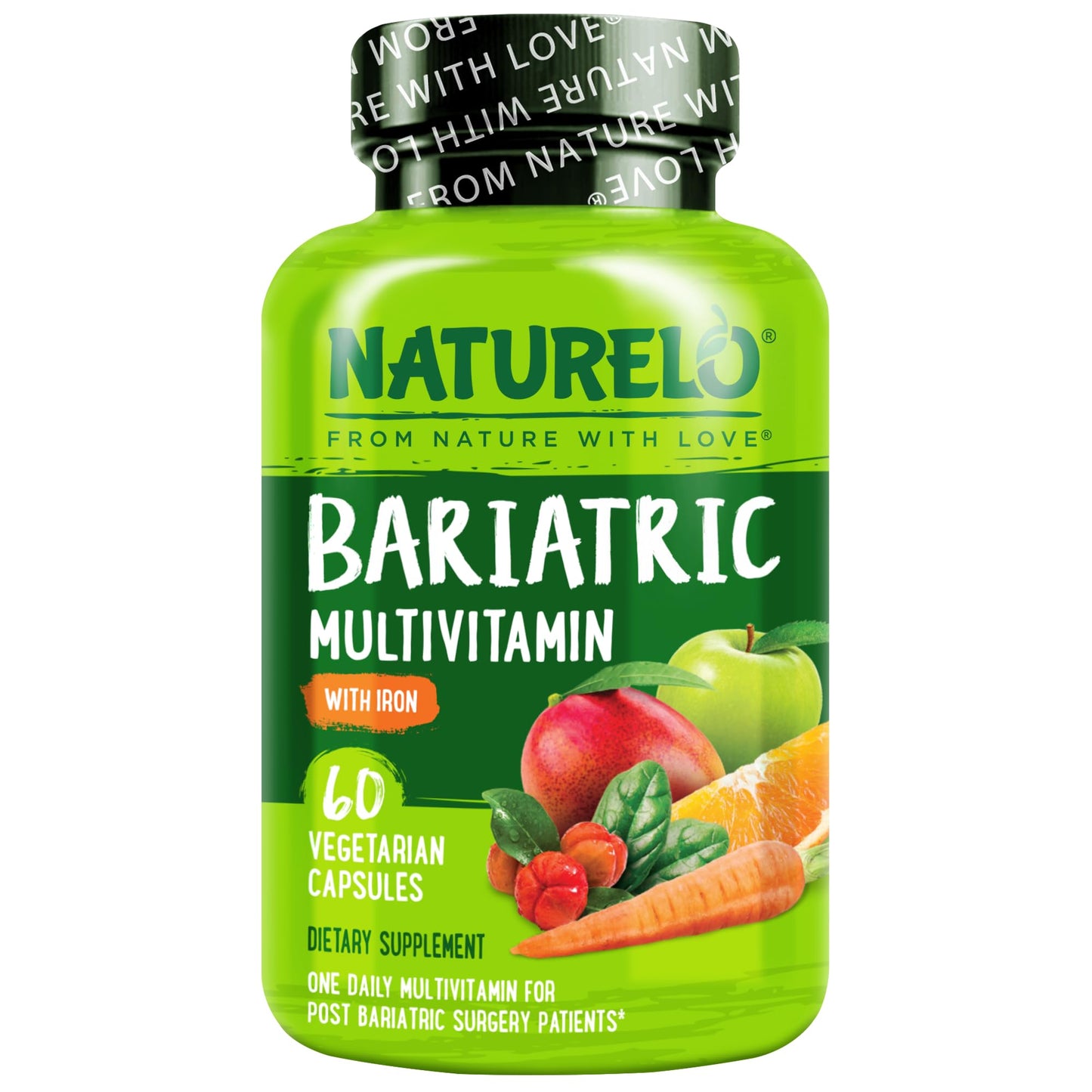 NATURELO Bariatric Multivitamin - One Daily with Iron - Supplement for Post Gastric Bypass Surgery Patients - Natural Whole Food Nutrition - 60 Veggie Capsules