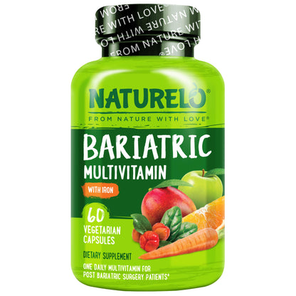 NATURELO Bariatric Multivitamin - One Daily with Iron - Supplement for Post Gastric Bypass Surgery Patients - Natural Whole Food Nutrition - 60 Veggie Capsules