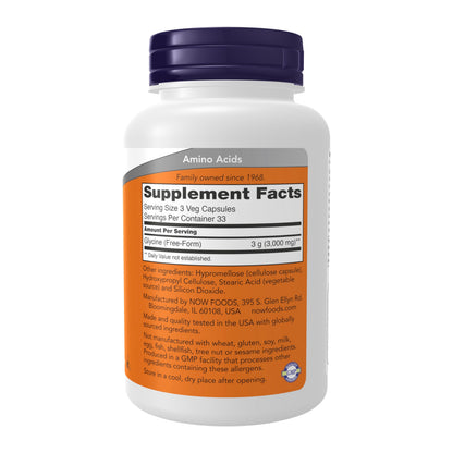 NOW Foods Supplements, Glycine 1,000 mg Free-Form, Neurotransmitter Support*, 100 Veg Capsules