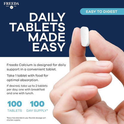 FREEDA Calcium 600mg Tablets for Bone, Joint & Teeth Support – 100 Count | Gluten-Free, Easy-to-Swallow Coated Tablets to Support Healthy Bones, Joints, Teeth, Muscle Function & Nerve Health