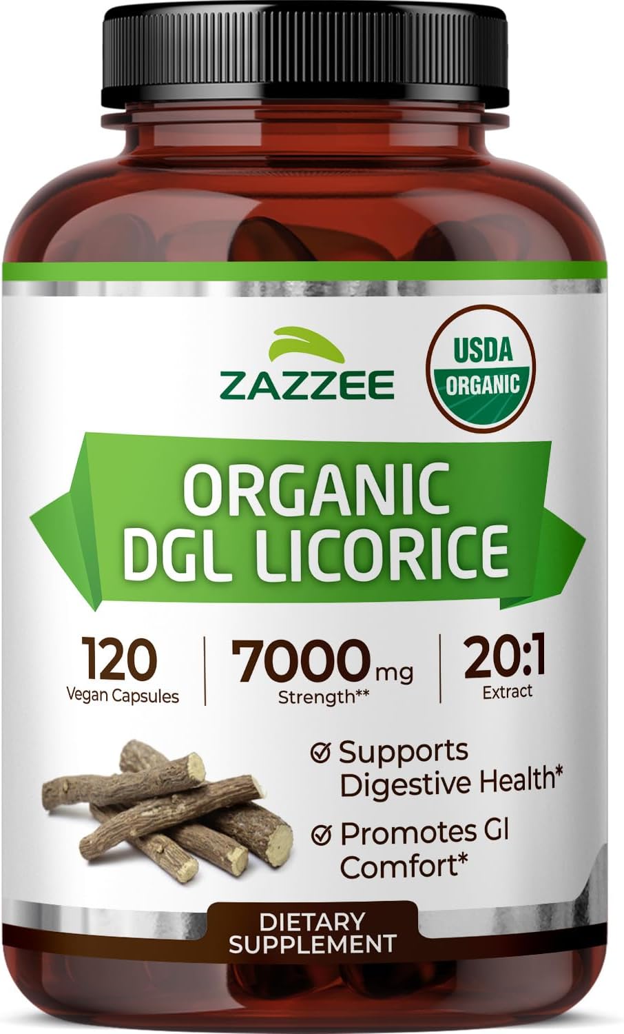 Zazzee USDA Organic DGL Licorice 20:1 Extract, 120 Vegan Capsules, 4 Month Supply, Deglycyrrhizinated Licorice Root, Glycyrrhiza Glabra, Digestive & Stomach Support, All-Natural, Non-GMO, Made in USA