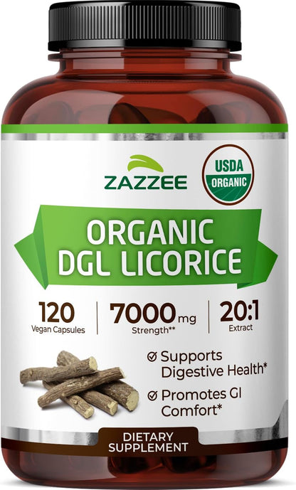 Zazzee USDA Organic DGL Licorice 20:1 Extract, 120 Vegan Capsules, 4 Month Supply, Deglycyrrhizinated Licorice Root, Glycyrrhiza Glabra, Digestive & Stomach Support, All-Natural, Non-GMO, Made in USA