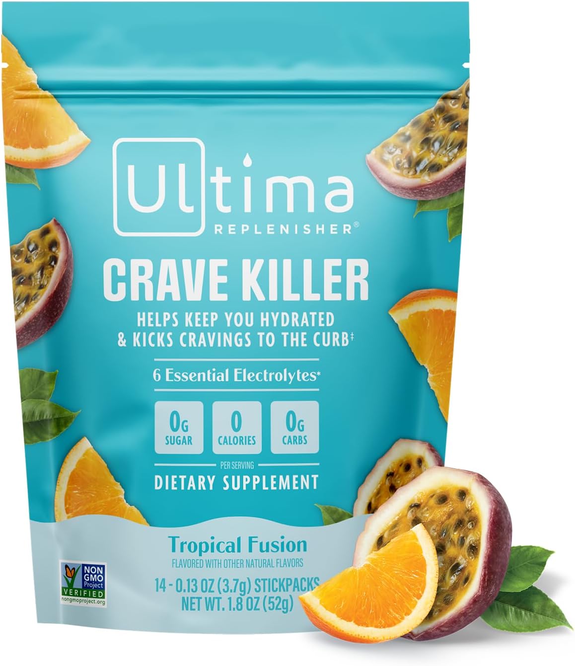 Ultima Replenisher Crave Killer Supplement, Tropical Fusion, 14 Stickpacks | Daily Zero Sugar Electrolyte Powder Hydration Packets with 6 Key Electrolytes & Chromax to Help Curb Cravings - Keto Friendly