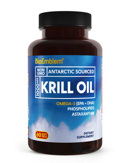 BioEmblem Antarctic Krill Oil Supplement | 1000mg Per Serving | Omega-3 Oil with High Levels of EPA + DHA, Astaxanthin, and Phospholipids | No Fishy Aftertaste | 60-Count Non-GMO Softgels