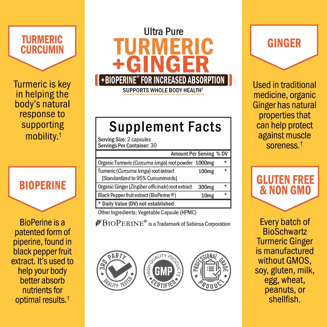 Organic Turmeric Curcumin and Ginger - 95% Standardized Curcuminoids with BioPerine