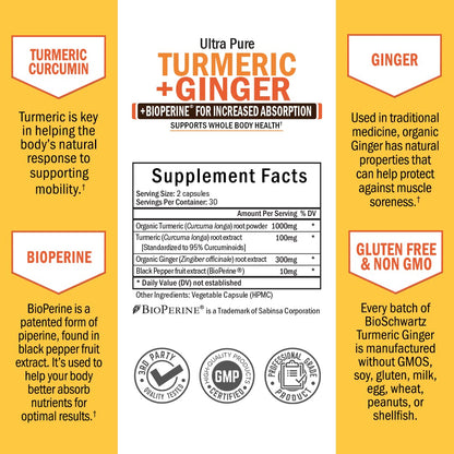 Organic Turmeric Curcumin and Ginger - 95% Standardized Curcuminoids with BioPerine